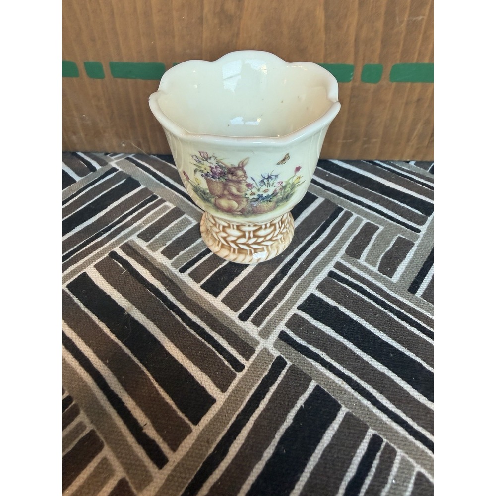 Easter Bunny Footed Egg Cup Basket Weave Flowers